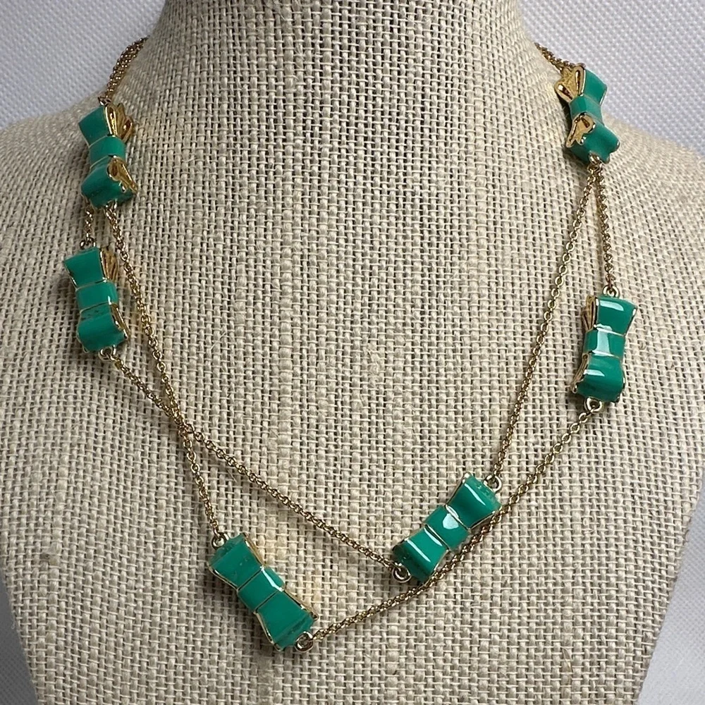 Kate Spade Gold and Green Bow Necklace – 32” Long / 16” Drop (EUC)